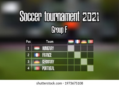 Soccer tournament 2021. Design pattern standings football championship group F. Countries flags. Vector illustration