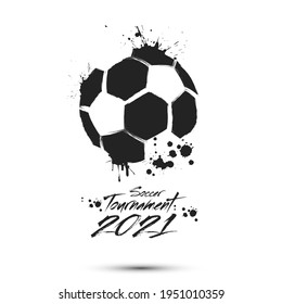 Soccer tournament 2021. Football logo template design. Abstract soccer ball with blots. Grunge style. Vector illustration