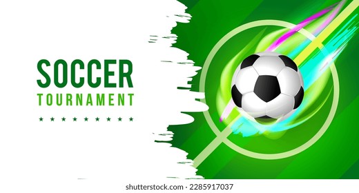 Ilustración vectorial del diseño de banner del torneo de fútbol. Pelota con efectos de luz en el fondo del campo de fútbol.	