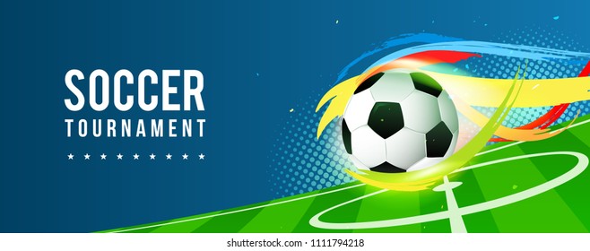 Soccer tournament banner vector illustration. Ball in football pitch background.