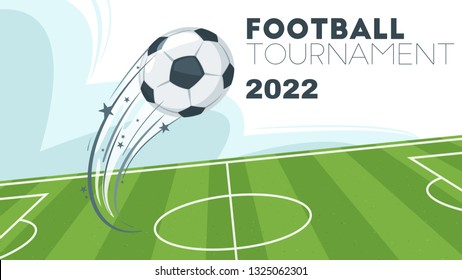 Soccer tournament design banner or template with leather ball in motion flying over the green game field. Vector illustration. Horizontal composition.