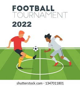 Soccer tournament design element or card. Football game banner template with man silhouettes playing on the stadium. Vector illustration.
