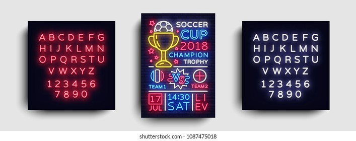 Soccer Tournament flyer vector. European Football Championship poster, neon sign, design template for brochure for soccer, soccer cup, light neon football advertisement. Vector. Editing neon sign