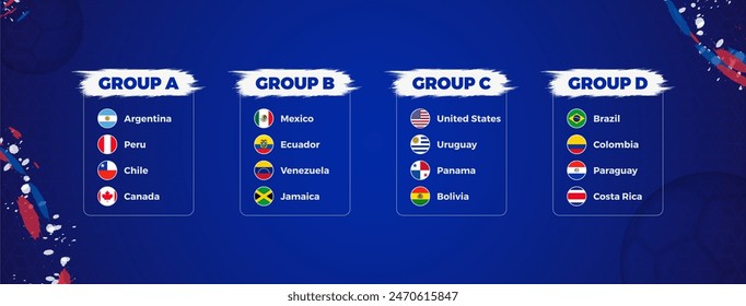 Soccer Tournament Groups with Team Flags and Country Names on Blue Background. Vector illustration.