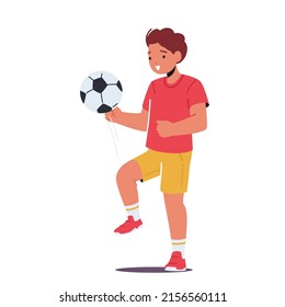 Soccer Tournament with Little Boy Presenting Stunts with Ball Isolated on White Background. Kid Sportsman Playing Football Game, Practicing, Child Character Sport. Cartoon People Vector Illustration