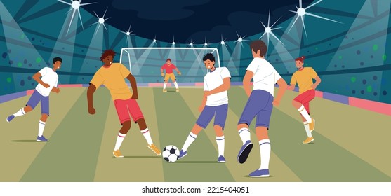 Fußballturnier auf dem Stadion, Fußballmannschaften tragen ein einheitliches Spiel auf dem Feld mit Toren, Beleuchtung und Tribune. Professionelle männliche Sportler. Vektorgrafik von Cartoon People