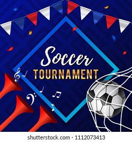 Soccer Tournament Poster Design with Horns, Soccer Ball & Bunting Flags