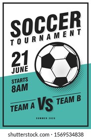 Soccer tournament poster template with ball, grass and sample text. Vector illustration. Soccer flyer design template.