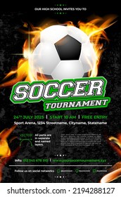 Soccer tournament poster template with ball on fire - vector illustration