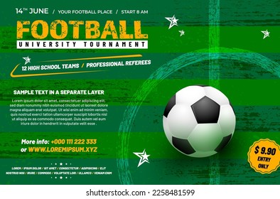 Soccer tournament poster template with ball, grungy abstract playground and sample text in separate layer - vector illustration