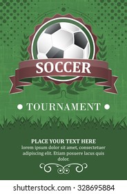 Soccer tournament vector background/design with soccer ball, ribbon and laurel wreath.