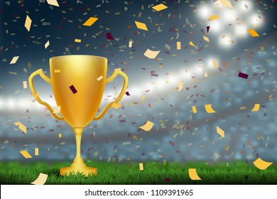 soccer trophy cup on field in soccer stadium to celebrate for football match result with spot light background. Design for banner, poster of nation championship template in vector illustration
