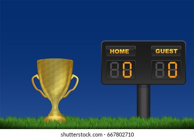 soccer trophy cup on grass with score broad for home and guest team background. This design for template, banner for soccer league match result in vector illustration