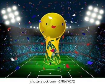 soccer trophy cup on stadium with crowd fan in night time with spotlight. Concept for soccer result celebration in vector illustration