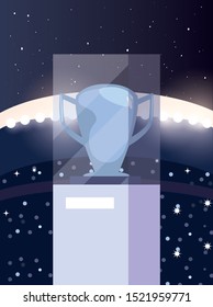 soccer trophy cup with stadium lights in background vector illustration design