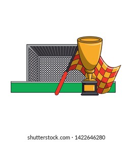 Soccer trophy cup tournament with goal and trophy cup with flag vector illustration graphic design