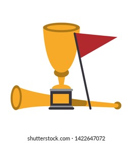 Soccer trophy cup tournament with red flag and horn vector illustration graphic design