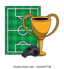 Soccer trophy cup tournament with whislte and playfield vector illustration graphic design