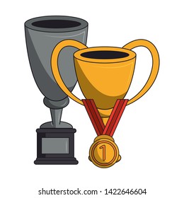 Soccer trophy cups tournament with first place medal vector illustration graphic design