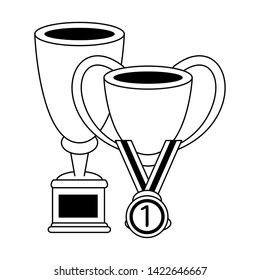 Soccer trophy cups tournament with first place medal vector illustration graphic design