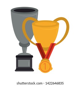 Soccer trophy cups tournament with first place medal vector illustration graphic design