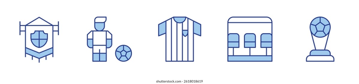 soccer, trophy, football shirt, team bench, football flag. Football Icon vector illustration. Line Duotone style. Editable stroke.
