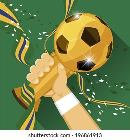 Soccer Trophy for winner with green background  Vector illustration 