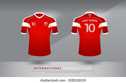 soccer t-shirt design uniform set of soccer kit. football jersey template for football club. red and white color, front and back view shirt mock up. Vector Illustration