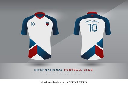 soccer t-shirt design uniform set of soccer kit. football jersey template for football club. blue red and white color, front and back view shirt mock up. Vector Illustration