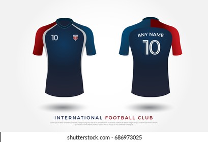 soccer t-shirt design uniform set of soccer kit. football jersey template for football club. blue and red color, front and back view shirt mock up. Vector Illustration