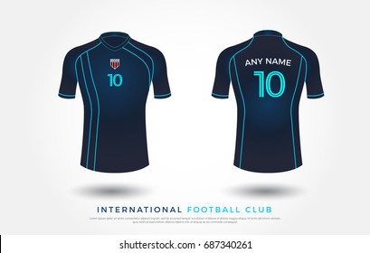 soccer t-shirt design uniform set of soccer kit. football jersey template for football club. light blue and navy color, front and back view shirt mock up. Vector Illustration