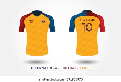 soccer t-shirt design uniform set of soccer kit. football jersey template for football club. yellow, blue and red color, front and back view shirt mock up template. Vector Illustration