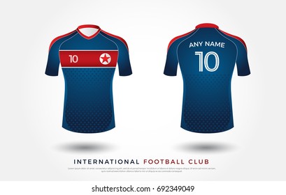 soccer t-shirt design uniform set of soccer kit. football jersey template. white, blue and red color, front and back view shirt mock up.  north korea football club vector illustration