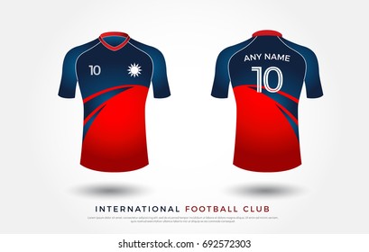 soccer t-shirt design uniform set of soccer kit. football jersey template. white, blue and red color, front and back view shirt mock up. Taiwan football club vector illustration