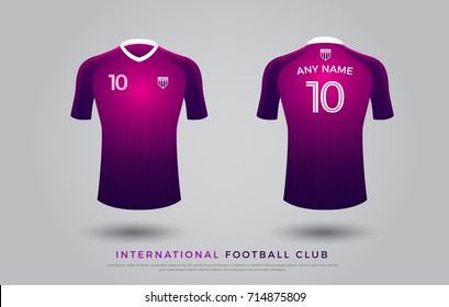 soccer t-shirt design uniform set of soccer kit. football jersey template. purple and black color, front and white view shirt mock up. football club vector illustration