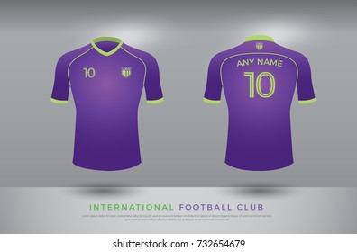 soccer t-shirt design uniform set of soccer kit. football jersey template for football club. purple and green color, front and back view shirt mock up. football or soccer club vector illustration