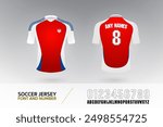 soccer t-shirt font and number uniform kit set. football jersey logo template for football club. red blue white color, front and back view shirt mock up. Vector Illustration