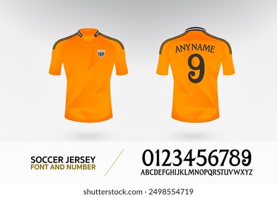 soccer t-shirt font and number uniform kit set. football jersey logo template for football club. orange color, front and back view shirt mock up. Vector Illustration