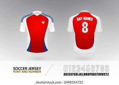 soccer t-shirt font and number uniform kit set. football jersey logo template for football club. red blue white color, front and back view shirt mock up. Vector Illustration