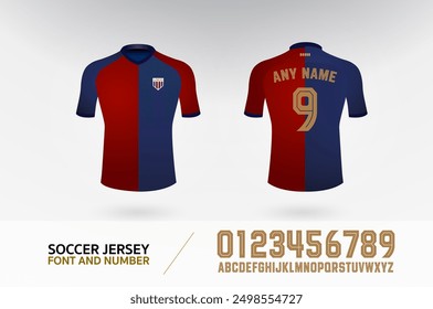 soccer t-shirt font and number uniform kit set. football jersey logo template for football club. red and blue color, front and back view shirt mock up. Vector Illustration