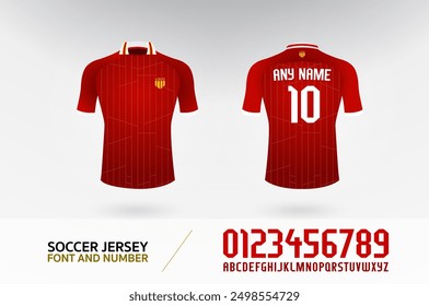 soccer t-shirt font and number uniform kit set. football jersey logo template for football club. red color, front and back view shirt mock up. Vector Illustration