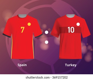 Soccer T-shirts of Spain and Turkey. Football team equipment