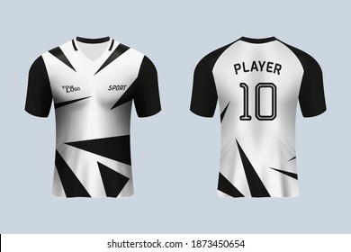 Soccer uniform 3D realistic mock up of front and back of white and black soccer jersey t-shirt. Concept for football team uniform or apparel mockup template in design vector illustration