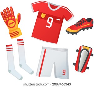 Soccer Uniform Jersey And T-shirt, Sport Shoes Cleats Icons, Shorts Gloves And Sports Gaiters. Graphic Design For Football Kit Or Activewear Uniforms. Sportswear Isolated, Competition, Championship