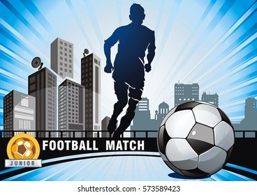 Soccer vector Action Player and Ball. Match announcement poster. Concept flyer or abstract football background for design. Original illustration sports series with place for your text, eps8