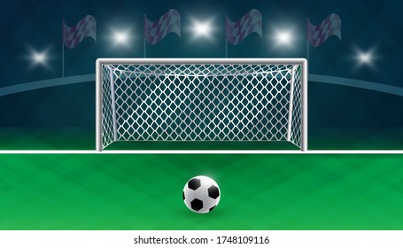 Soccer vector background with  ball,  lights and detailed goal net.