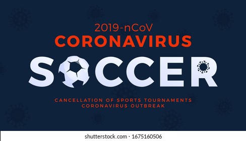 Fußball Vektorillustration Banner Vorsicht Koronavirus. Stopp des Ausbruchs 2019-nCoV. Koronavirus-Gefahr und Risiko für die öffentliche Gesundheit und Grippe-Ausbruch. Stornierung des Konzepts für Sportveranstaltungen und Spiele
