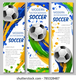 Soccer vector banners for football game competition and sport club template. Soccer ball flying with motion trail of colorful paint brush stroke, splashes and spots