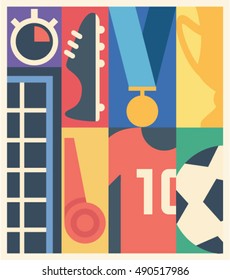 Soccer, vector flat illustration, poster: timer, boots, medal, cup, football goal, whistle, T-shirt, ball