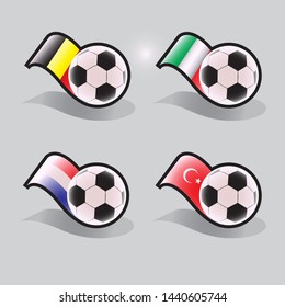 Soccer vector icon set with ball and flags of Belgium Turkey Netherlands Italy